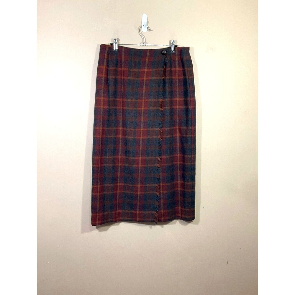VTG Michele Wool Blend Plaid Midi Skirt 12 Red 70s Academia Preppy Fringe School